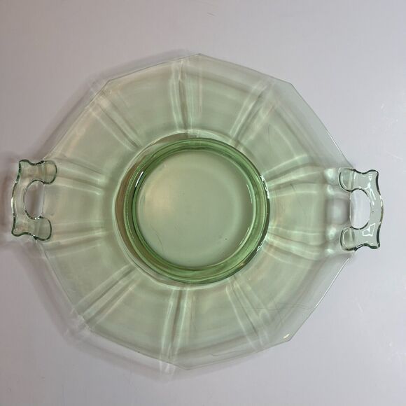 Cake Plate Vintage Green Depression Glass 11" Handled Octagon - Picture 4 of 8